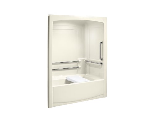Kohler K-12103-C-47 Freewill Bath and Shower Module with Brushed Stainless Steel Grab Bars, Left-Hand Drain, Almond