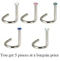 16g surgical steel 316L nose pins by JewelZ &copy; - swarovski crystals - 1 each colour, total 5 pieces at a bargain price
