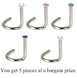 16g surgical steel 316L nose pins by JewelZ © - swarovski crystals - 1 each colour, total 5 pieces at a bargain price