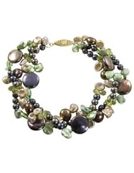 8.5" Three Strand Bracelet with Dyed Green, Black, Chocolate and Champange Freshwater Cultured Pearls and Peridot.
