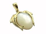 White Mother Of Pearl Twin Dolphin Pendant, 14k Gold
