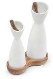 Sagaform White Stoneware Oil and Vinegar Cruets with Acacia Wood Stoppers and Tray