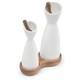 Sagaform White Stoneware Oil and Vinegar Cruets with Acacia Wood Stoppers and Tray by Sagaform