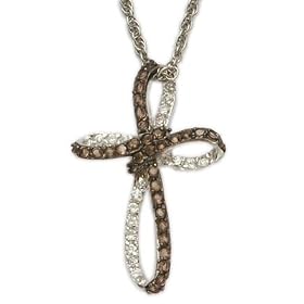 Sterling Silver Twisted Cross Necklace with Round Smokey Topaz Cubic Zirconia Stones on 18' Chain