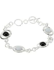 Sterling Silver Genuine Onyx & White Agate Bracelet by US Gems