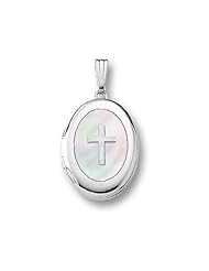 14k White Gold Oval Mother of Pearl Cross Locket 5/8 inch x 3/4 inch 14K White Gold