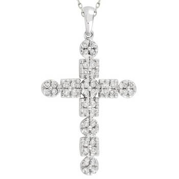 14K White Gold Square Created Sapphire and Diamond Cross Pendant