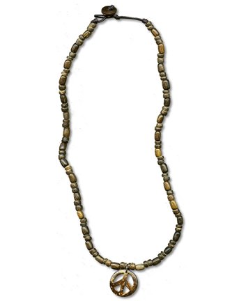 Wood Bead Necklace W/Peace Symbol