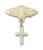 14kt Gold Baby Badge with Cross Charm and Badge Pin with Cross