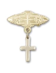 14K Gold Baby Badge with Cross Charm and Badge Pin with Cross