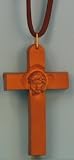 3 inch Wood Stained Cross w/Face of Jesus Necklace w/30 inch Cord - 5 Pack