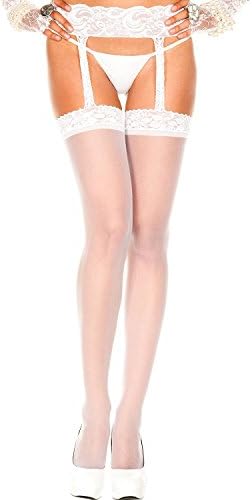 Womens Sheer Crotchless Suspender Pantyhose (One Size, Lace Top White)