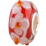 Red and White Flower Murano Style Glass Sterling SIlver Core European Bead Charm