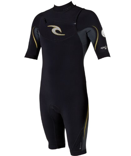 Rip Curl Mens E-Bomb Chest Zip Short Sleeve Spring Wetsuit (Black/Charcoal/Yellow, XX-Large)