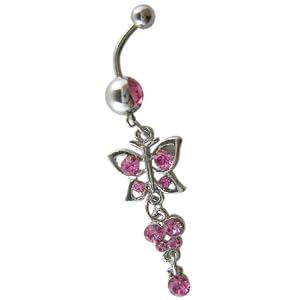 Pink Crystal CZ Dangle Belly Button Navel Ring Bar Silver - Chandelier Style - 3 tier Butterflies...