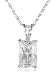 Platinum Plated Sterling Silver Emerald-Cut Cubic Zirconia Pendant Necklace, 18"