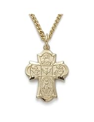 14K Gold Filled Engraved Satin Four Way Medal Cross Necklace Catholic Jewelry Four Way Patron Saint St. Medal Catholic Gift Boxed w/Chain 18" Length Gift Boxed