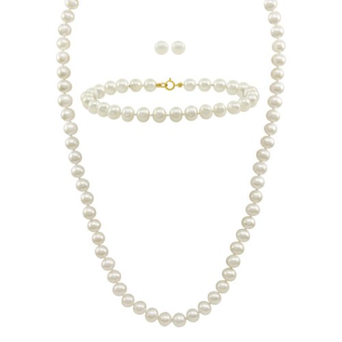 White Freshwater Cultured Pearl Necklace, Bracelet and Stud Earrings Set with 14k Yellow Gold (6-6.5mm)