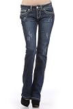 Miss Chic Distressed Bootcut Denim Jeans with Embellished Pockets