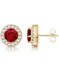 Round Ruby Diamond Border Earrings (6 mm) in Yellow Gold
