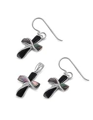 Sterling Silver Onyx Latin Cross Mother of Pearl Earring & Necklace Set