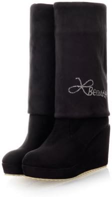 VogueZone009 Women's Round Toe Platform Studded Rhinestones High Heels Wedges Mid-calf and High Boots, Black, 8.5 B(M) US