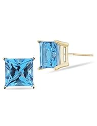 3.95 Cts of 7 mm AA Princess Swiss Blue Topaz Stud Earrings in 14K Yellow Gold-Screw Backs