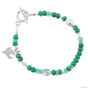 Green Emerald, Blue Apatite, and Swarovski Austrian Crystal Beaded Gemstone Bracelet with Sterling Silver Dove Charm and Toggle Clasp, 7 1/4" long, #8132