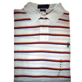 Men'sPolobyRalphLaurenPoloShirtWhite,Orange&BlueStripedShortSleeved