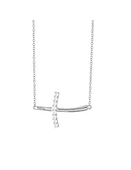 Sterling Silver 16" Curved Sideways Half CZ Cross Necklace