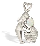 14K White Gold Genuine Round Opal Mother with Child Pendant