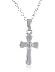 Sterling Silver Childrens Diamond Cross Pendant Necklace , 15"