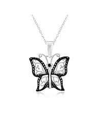 Black Diamond Accent Filigree Butterfly Pendant in Silver with Black & White Rhodium