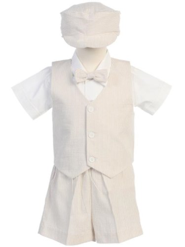Seersucker Vest Outfit - Khaki Stripe Vest, Shorts, Hat, Shirt, and Tie - Made in USA