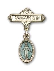 Gold Filled Baby Badge with Blue Miraculous Charm and Godchild Badge Pin