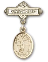 Gold Filled Baby Badge with St. Sebastian Volleyball Charm and Godchild Badge Pin