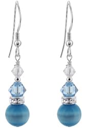 Sterling Silver Light Blue Cats Eye Handmade Dangle Earrings Made with Swarovski Crystal Elements