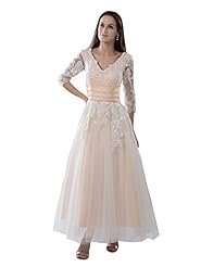 A-line V-neck Ankle Length Tulle Natural   Waistline Lace Prom Dress 