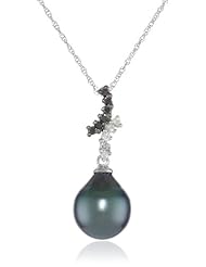 10k White Gold Black Tahitian Cultured Pearl with Diamond Accent Pendant Necklace (1/10 cttw, H-I Color, I2-I3 Clarity), 17"
