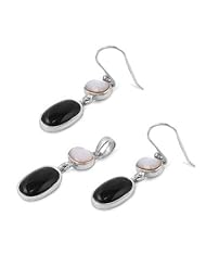 Sterling Silver Elegant Fashion Oval Design Pendant and Earrings Jewelry Set with Black Onyx Stone and Mother of Pearl