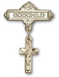 14kt Gold Baby Badge with Crucifix Charm and Godchild Badge Pin