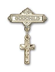 Gold Filled Baby Badge with Crucifix Charm and Godchild Badge Pin