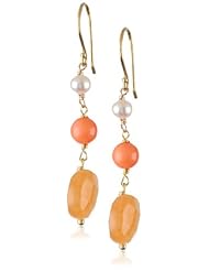 Red Aventurine Coin Gold over Silver Linked White Freshwater Cultured Pearl Earrings