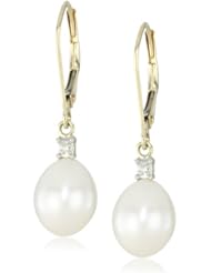 10k Yellow Gold Freshwater Cultured Pearl with Diamond-Accented Drop Earrings (10.5-11 mm)