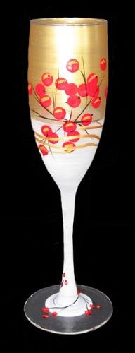 Set of 2 Berries &amp; Branches Hand Painted Champagne Flute Drink Glass - 5.75 Oz.