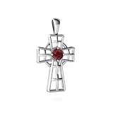 14K White Gold Round Genuine Ruby Celtic Cross Pendant