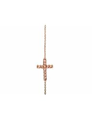 Rose Gold Sideways Cross Necklace - Vermeil Cz / Pave Rhinestone Encrusted Horizaontal Cross Off Center