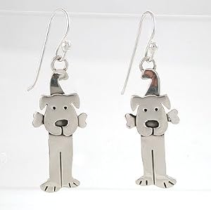 Happy Dog with Bone Dangle Earrings in Sterling Silver, #8752