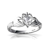 14K White Gold Heart Genuine White Topaz Celtic Claddagh Ring