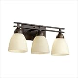 Three Light Bath Vanity with Linen Glass Shade in Oiled Bronze Three Light Bath Vanity with Linen Glass Shade in Oiled Bronze